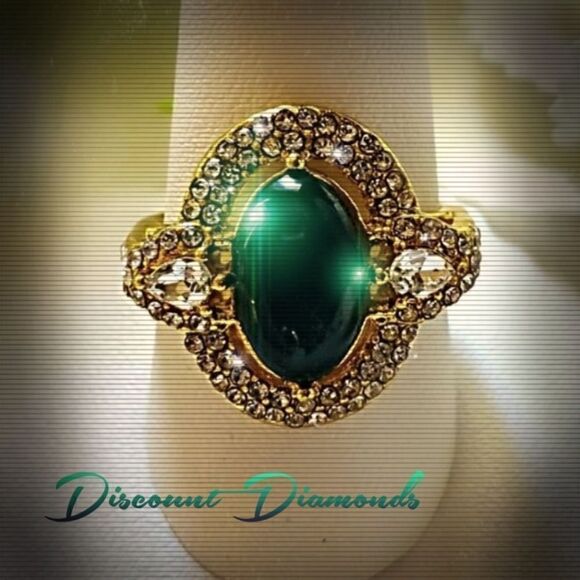 18K Gold on 925 Green Topaz & White Baguette Diamond Ring - Picture 1 of 4